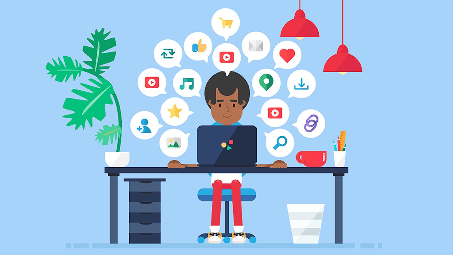Graphic illustration of person at computer posting to social media